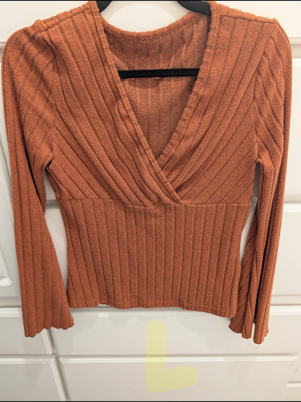 Ribbed V‑Neck Wrap Sweater Top in Rust Orange